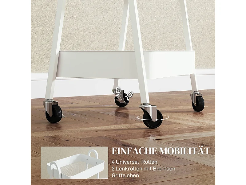 Carrello di servizio con 3 ripiani, ruote, metallo, bianco (42,4x29,8x74,5 cm)