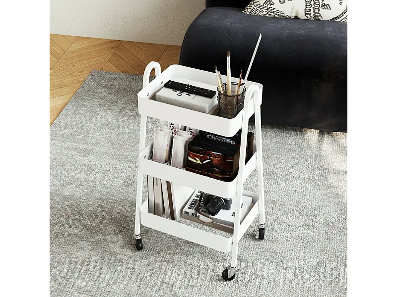 Carrello di servizio con 3 ripiani, ruote, metallo, bianco (42,4x29,8x74,5 cm)