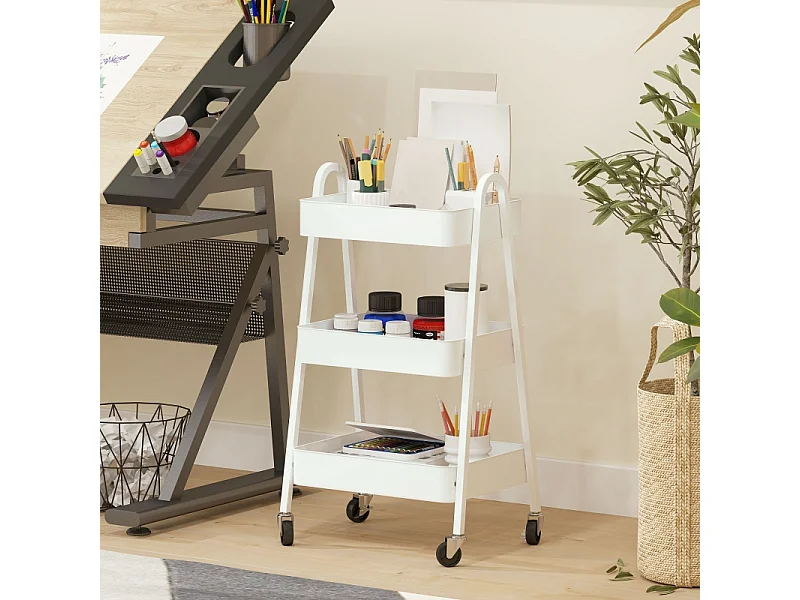 Carrello di servizio con 3 ripiani, ruote, metallo, bianco (42,4x29,8x74,5 cm)