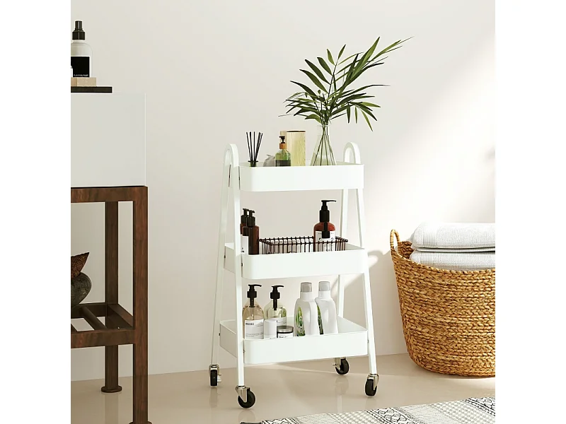 Carrello di servizio con 3 ripiani, ruote, metallo, bianco (42,4x29,8x74,5 cm)