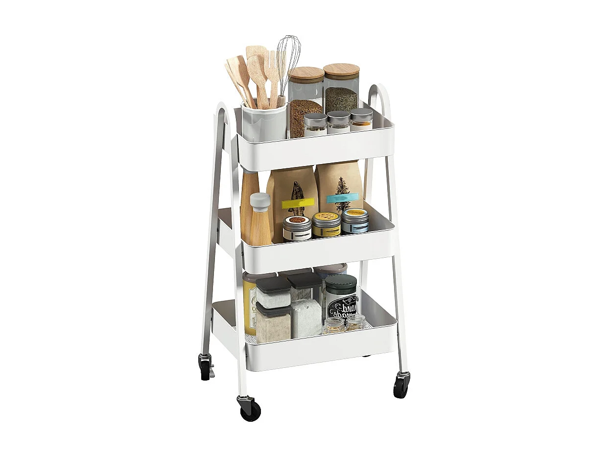 Carrello di servizio con 3 ripiani, ruote, metallo, bianco (42,4x29,8x74,5 cm)