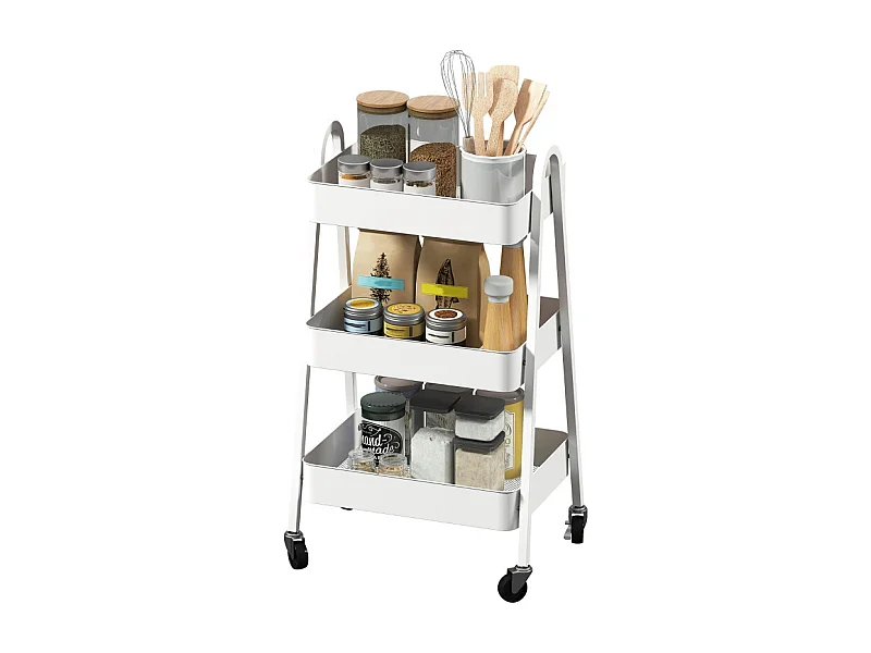 Chariot de service avec 3 étagères, roulettes, métal, blanc (42.4x29.8x74.5 cm)