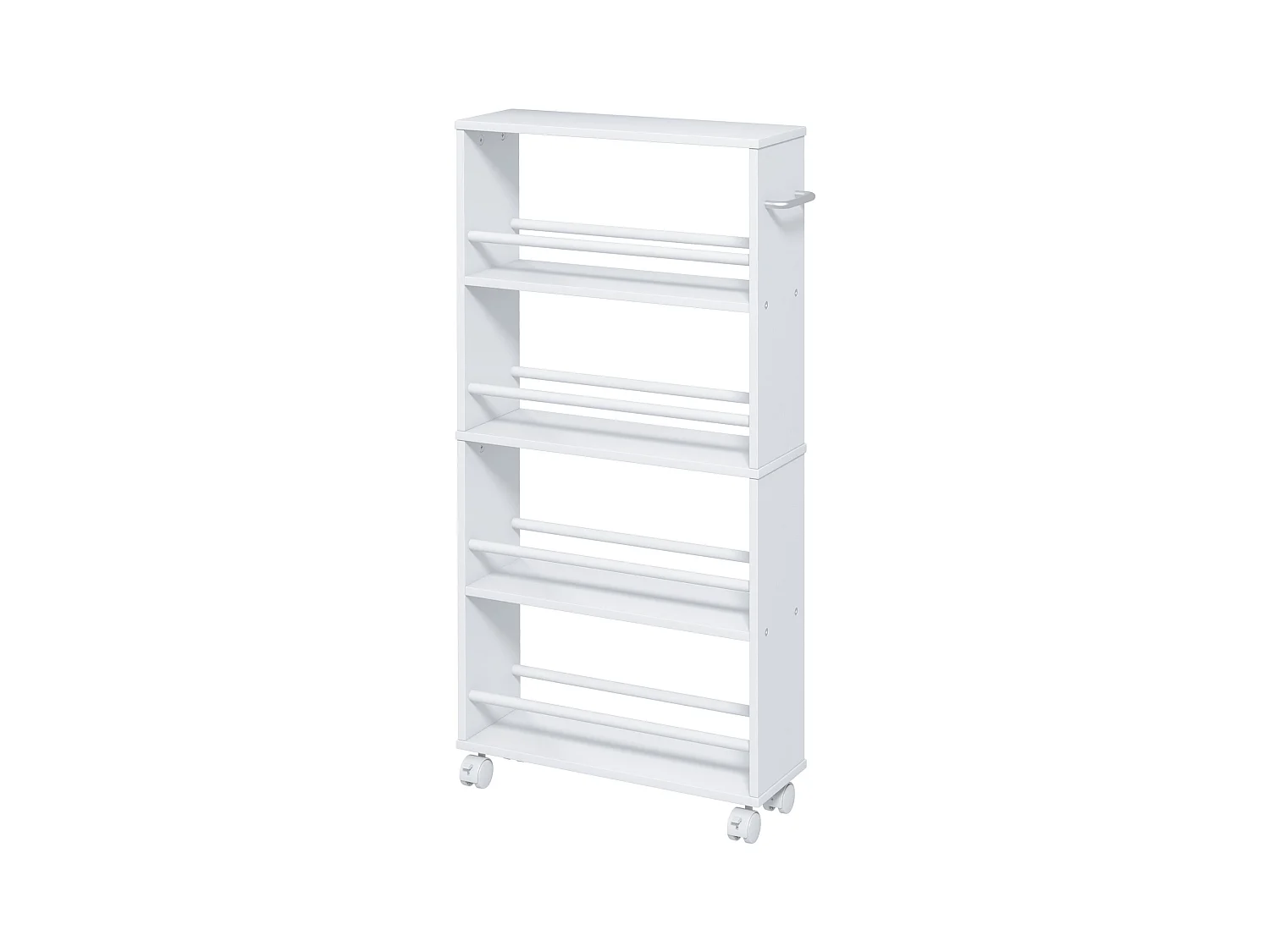 Carro estrecho con ruedas, 4 niveles con asas, paneles de MDF blanco (45x15x91cm)