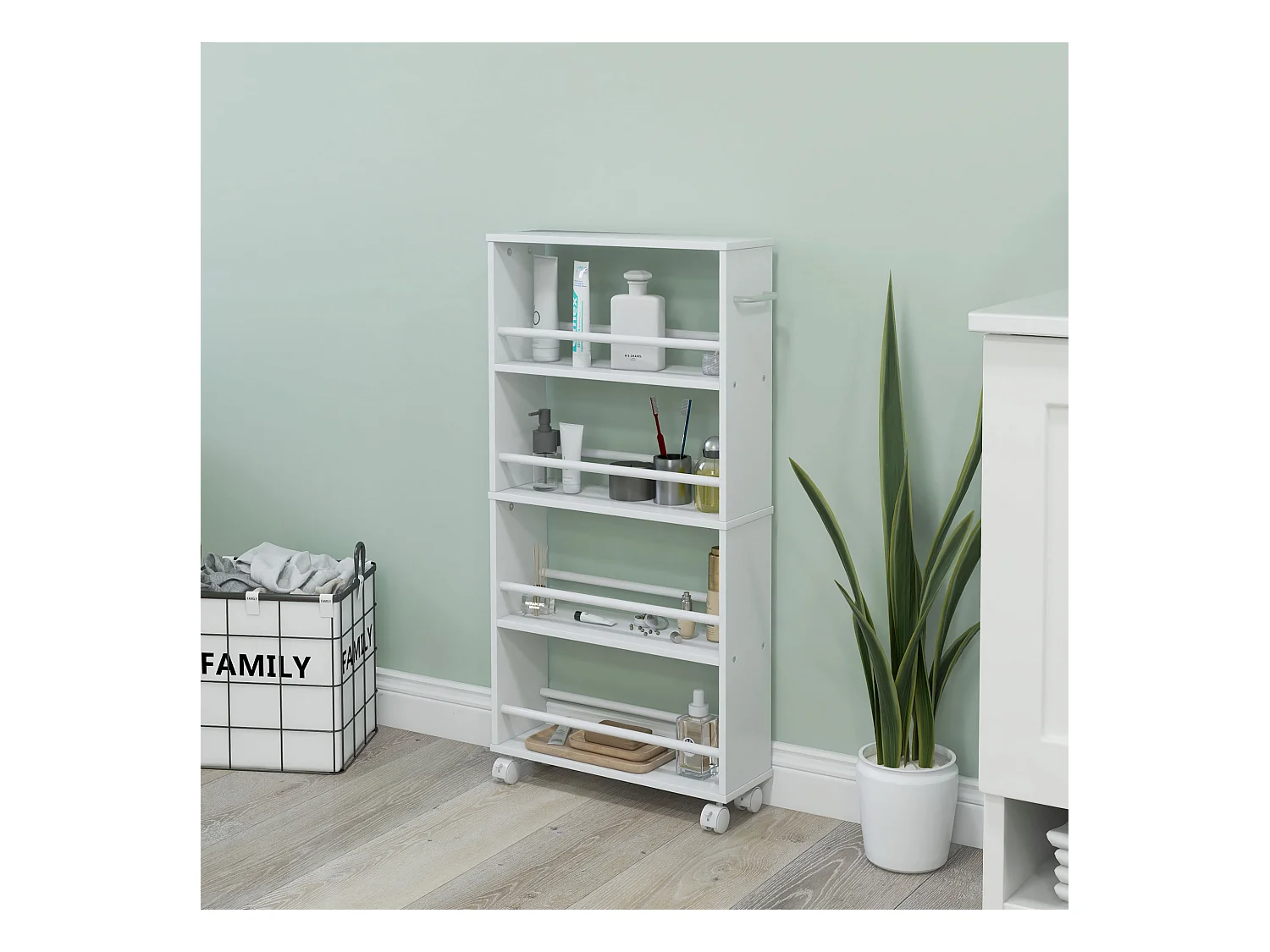 Carro estrecho con ruedas, 4 niveles con asas, paneles de MDF blanco (45x15x91cm)