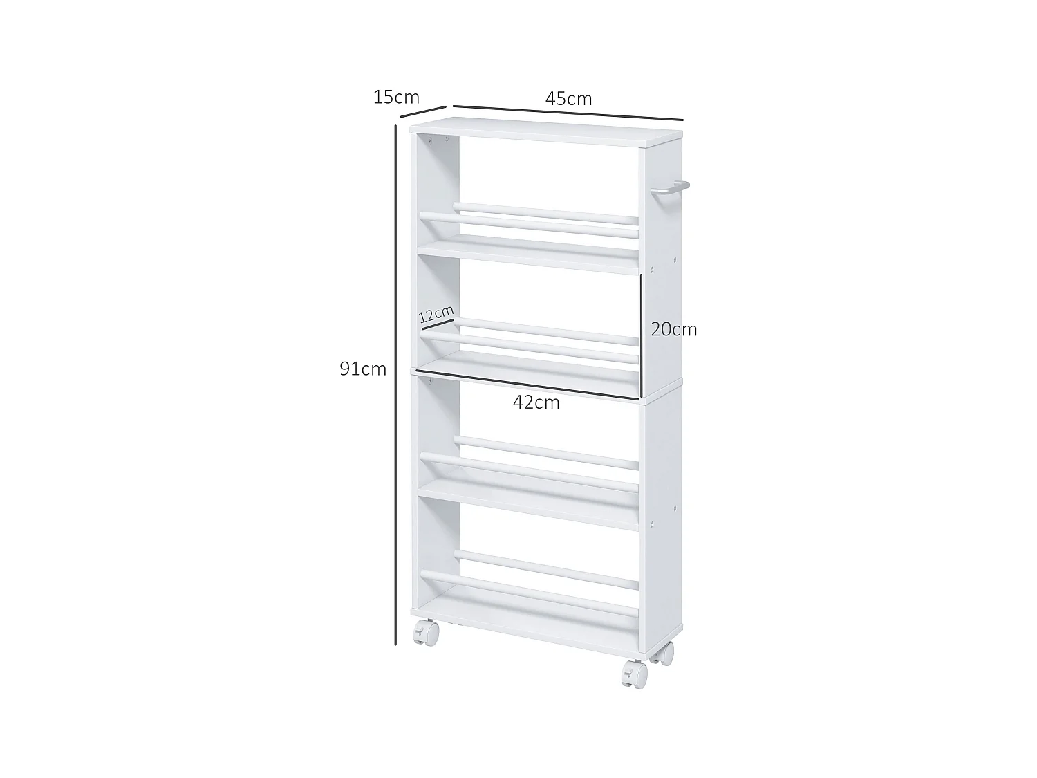 Carro estrecho con ruedas, 4 niveles con asas, paneles de MDF blanco (45x15x91cm)