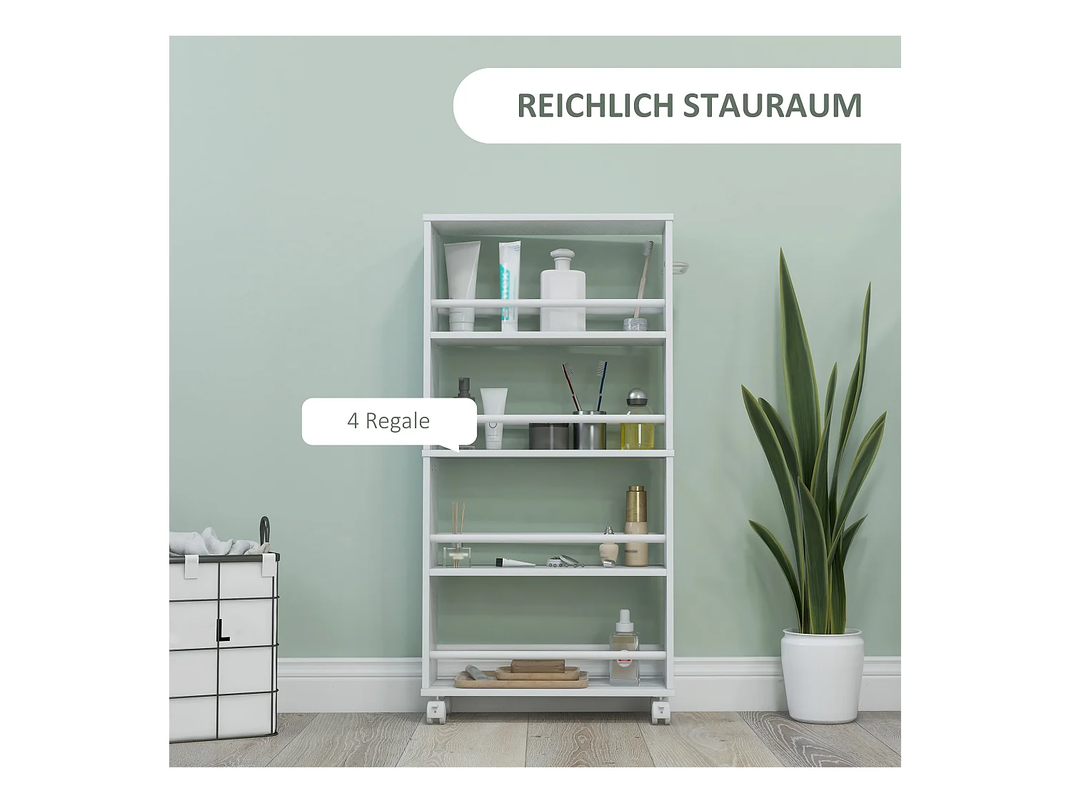 Carro estrecho con ruedas, 4 niveles con asas, paneles de MDF blanco (45x15x91cm)