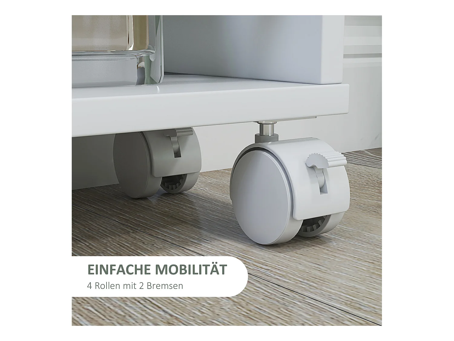 Carro estrecho con ruedas, 4 niveles con asas, paneles de MDF blanco (45x15x91cm)