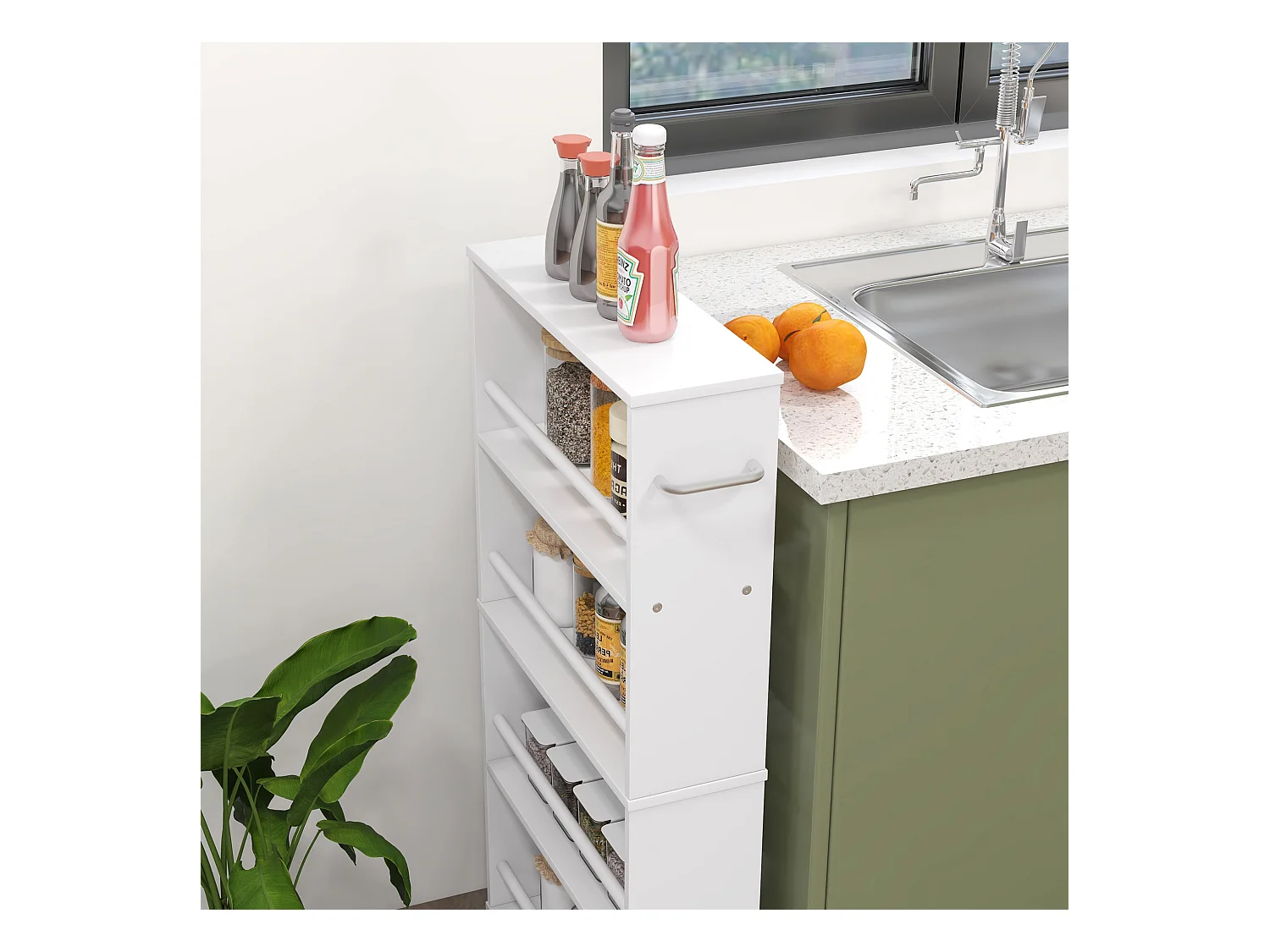 Carro estrecho con ruedas, 4 niveles con asas, paneles de MDF blanco (45x15x91cm)