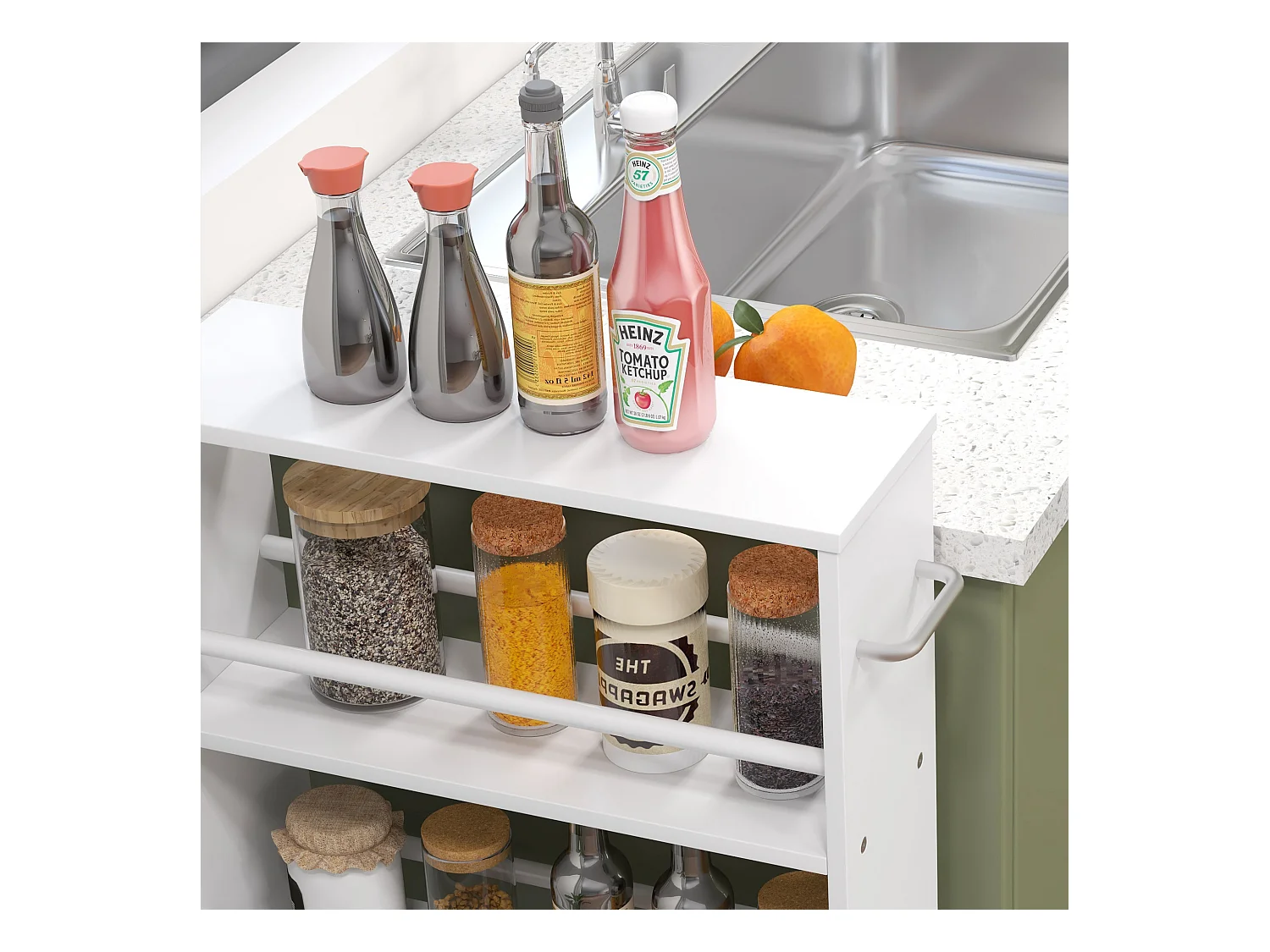 Carro estrecho con ruedas, 4 niveles con asas, paneles de MDF blanco (45x15x91cm)