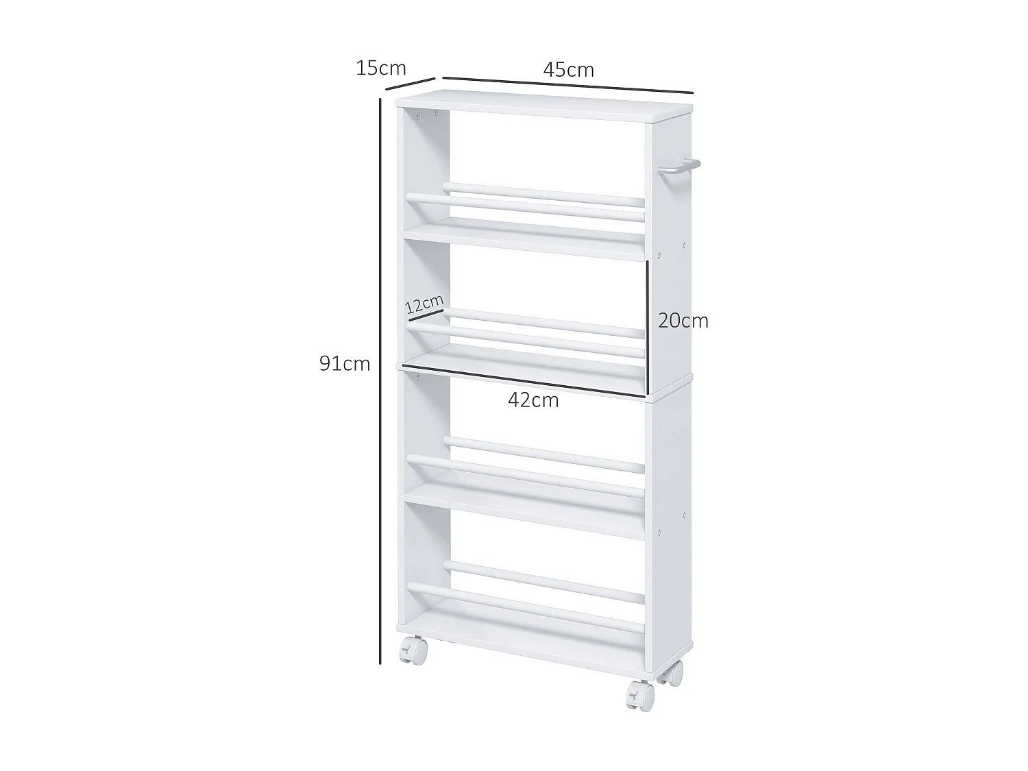 Desserte étroite à roulettes, 4 niveaux avec poignées, panneaux MDF blanc (45x15x91cm)