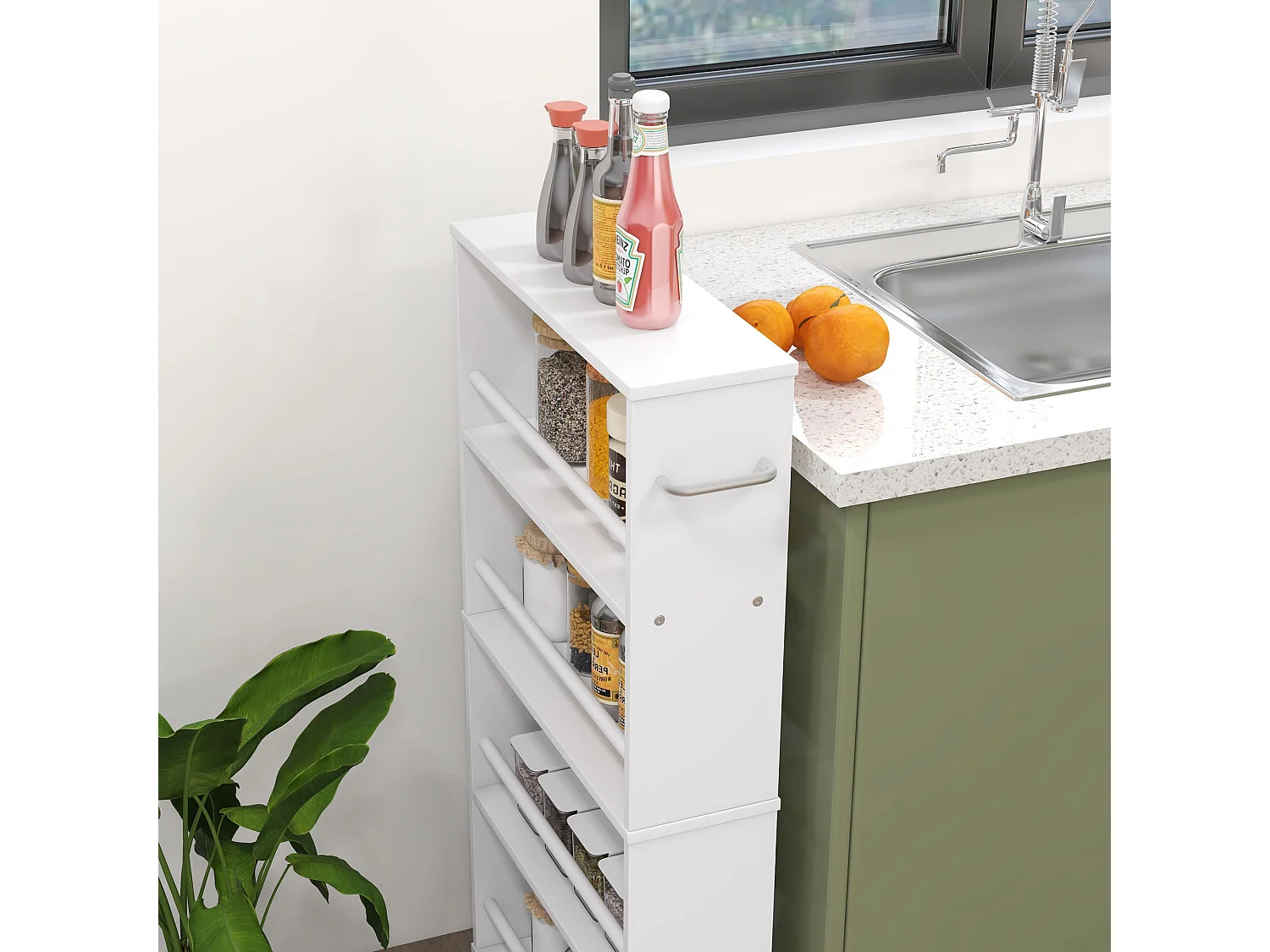 Desserte étroite à roulettes, 4 niveaux avec poignées, panneaux MDF blanc (45x15x91cm)