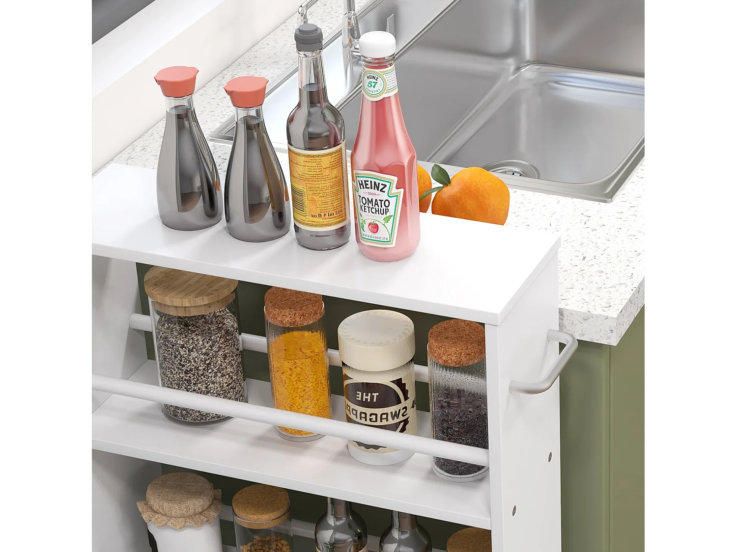 Desserte étroite à roulettes, 4 niveaux avec poignées, panneaux MDF blanc (45x15x91cm)