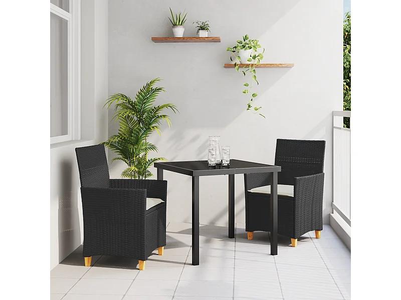 Set da pranzo da giardino 3 pezzi con cuscini in polyrattan nero