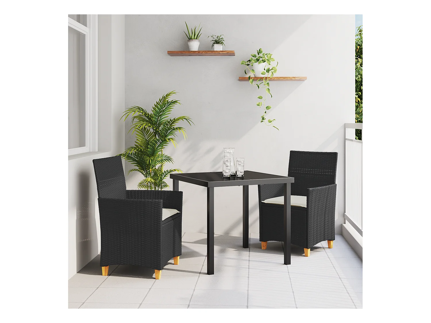Set da pranzo da giardino 3 pezzi con cuscini in polyrattan nero