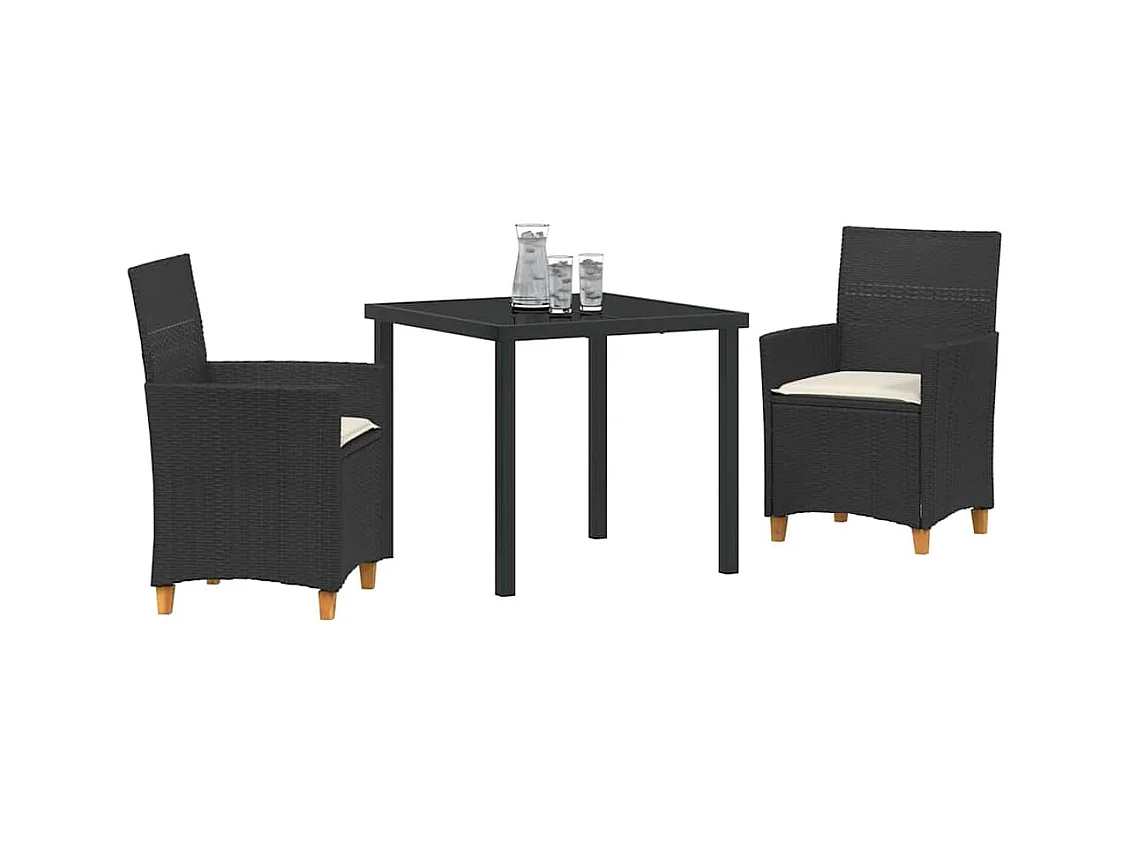 Set da pranzo da giardino 3 pezzi con cuscini in polyrattan nero