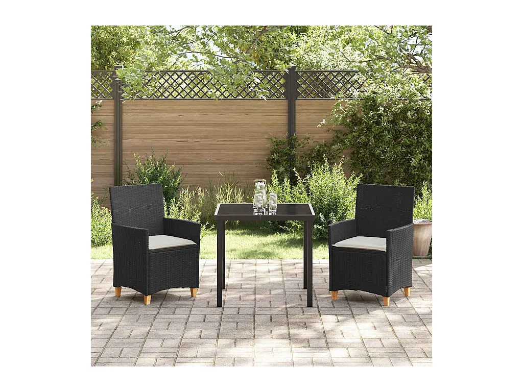 Set da pranzo da giardino 3 pezzi con cuscini in polyrattan nero