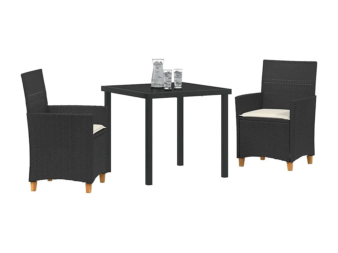 3-teiliges Garten-Essset mit Kissen, schwarzes Polyrattan