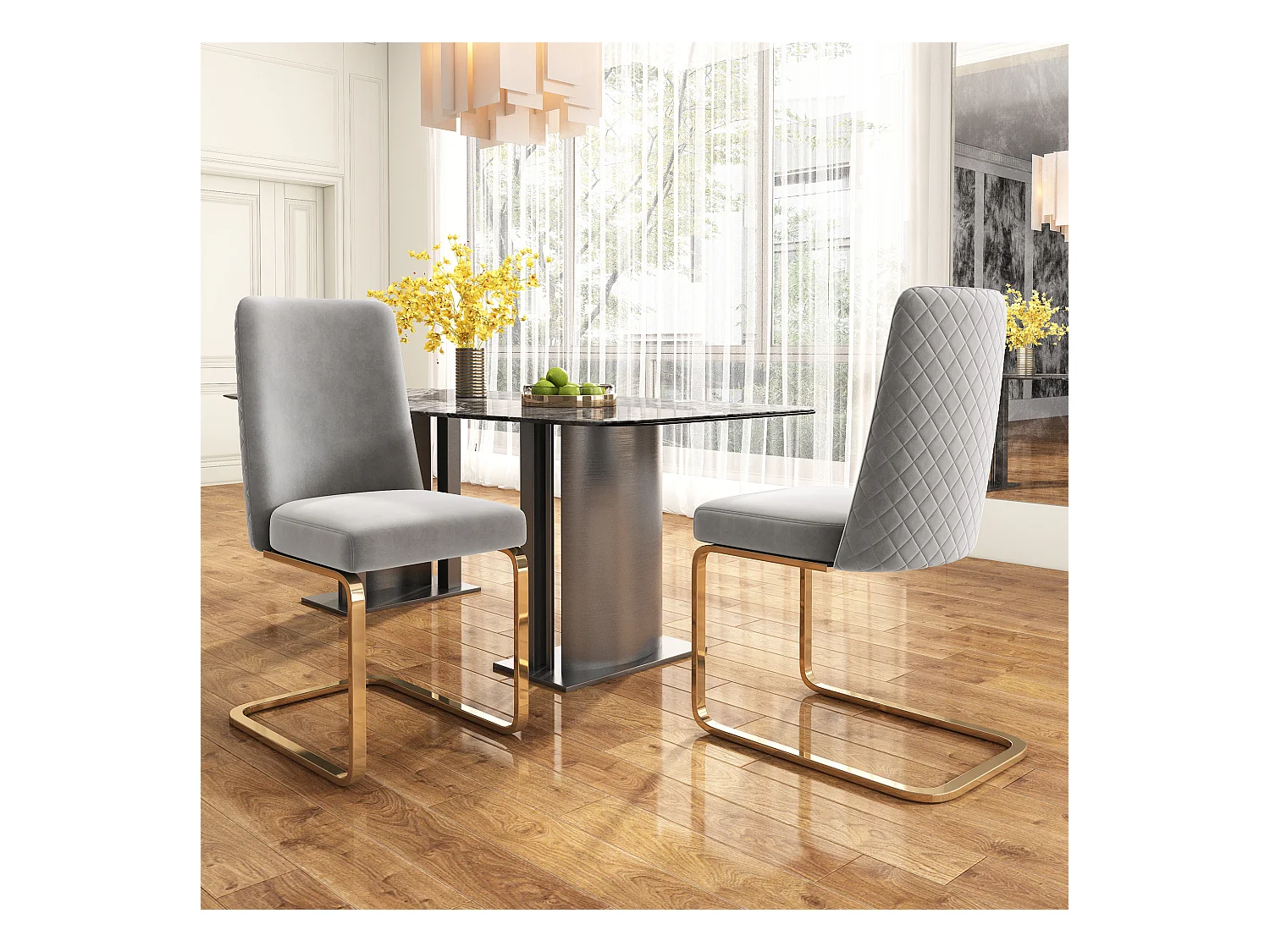 Chaise de salle à manger en velours, 4 pièces, design luxe, dos en diamant, pieds métalliques dorés, gris (47x47x90 cm)