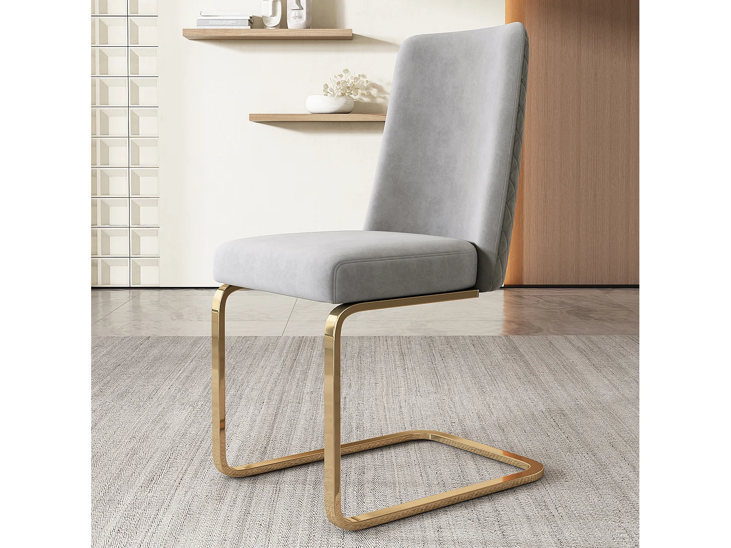 Chaise de salle à manger en velours, 4 pièces, design luxe, dos en diamant, pieds métalliques dorés, gris (47x47x90 cm)