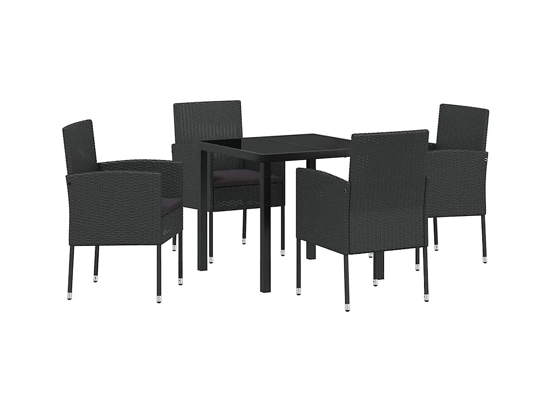 Set da pranzo da giardino 5 pezzi con cuscini in polyrattan nero