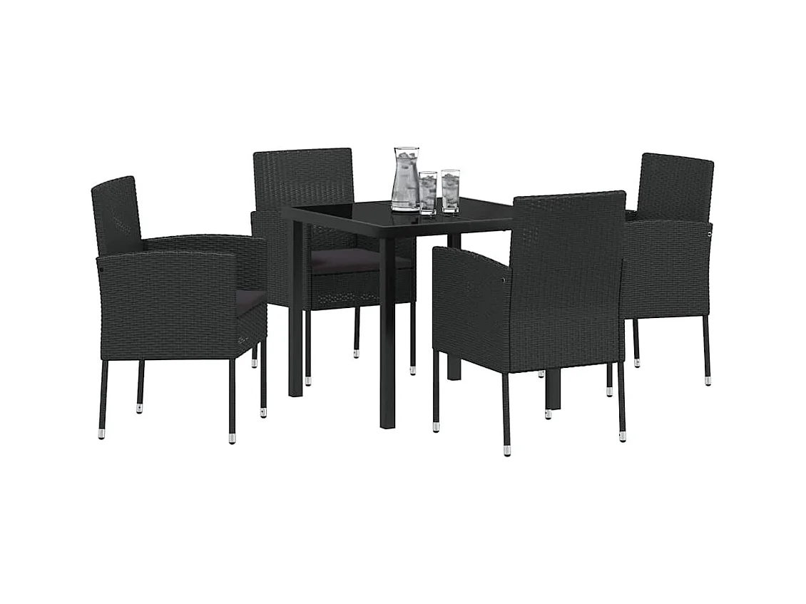 Set da pranzo da giardino 5 pezzi con cuscini in polyrattan nero
