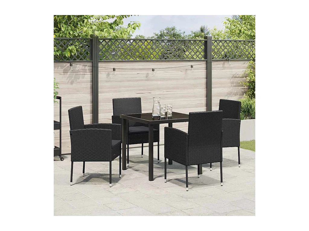 Set da pranzo da giardino 5 pezzi con cuscini in polyrattan nero