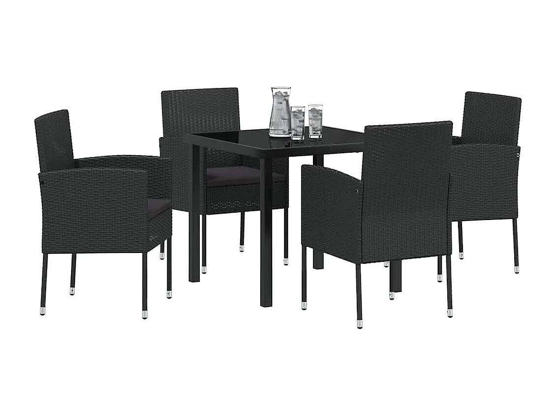 5-teiliges Garten-Essset mit schwarzen Polyrattan-Kissen