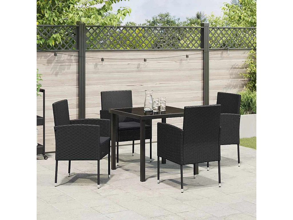 5-teiliges Garten-Essset mit schwarzen Polyrattan-Kissen