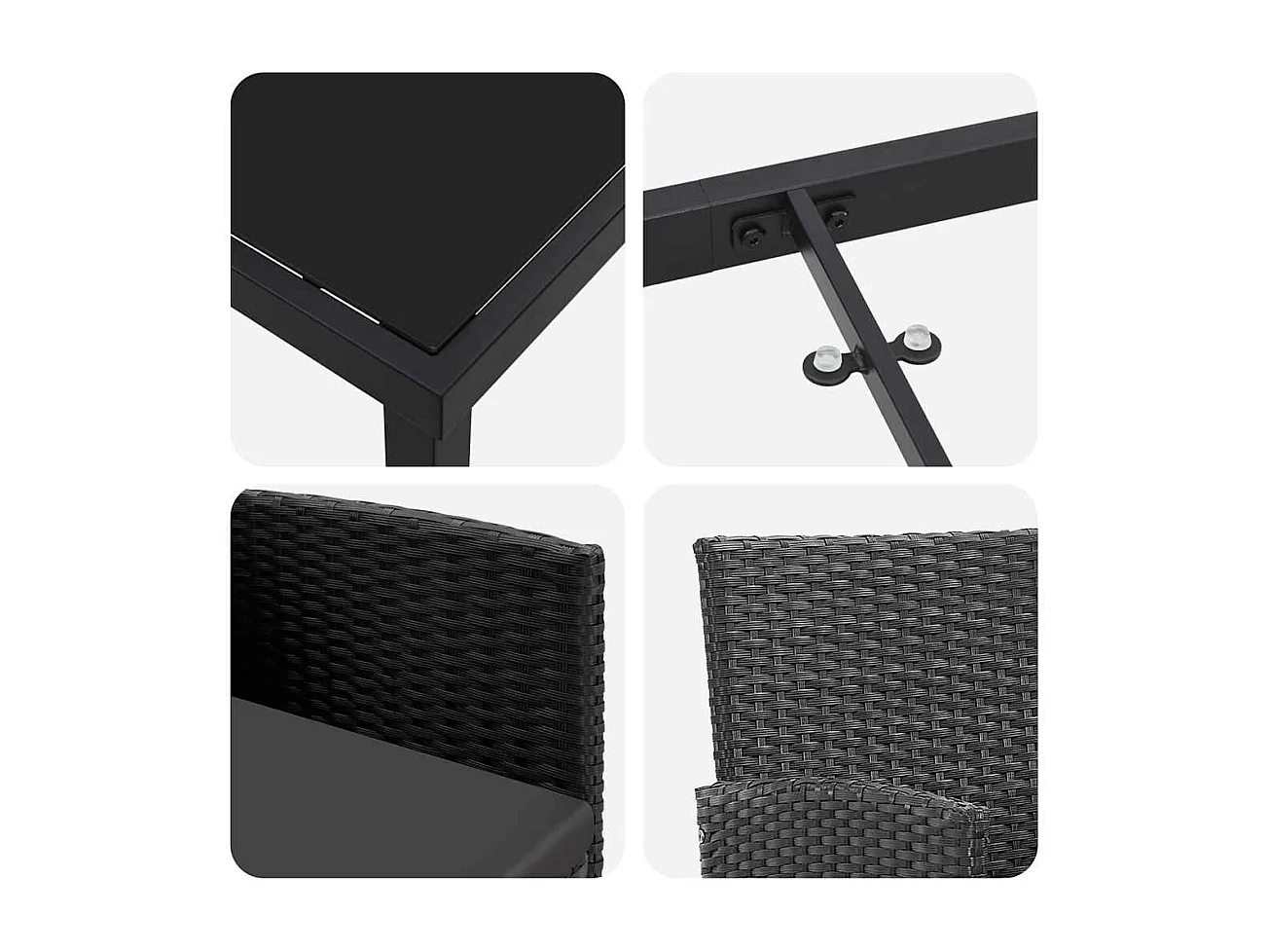 5-teiliges Garten-Essset mit schwarzen Polyrattan-Kissen