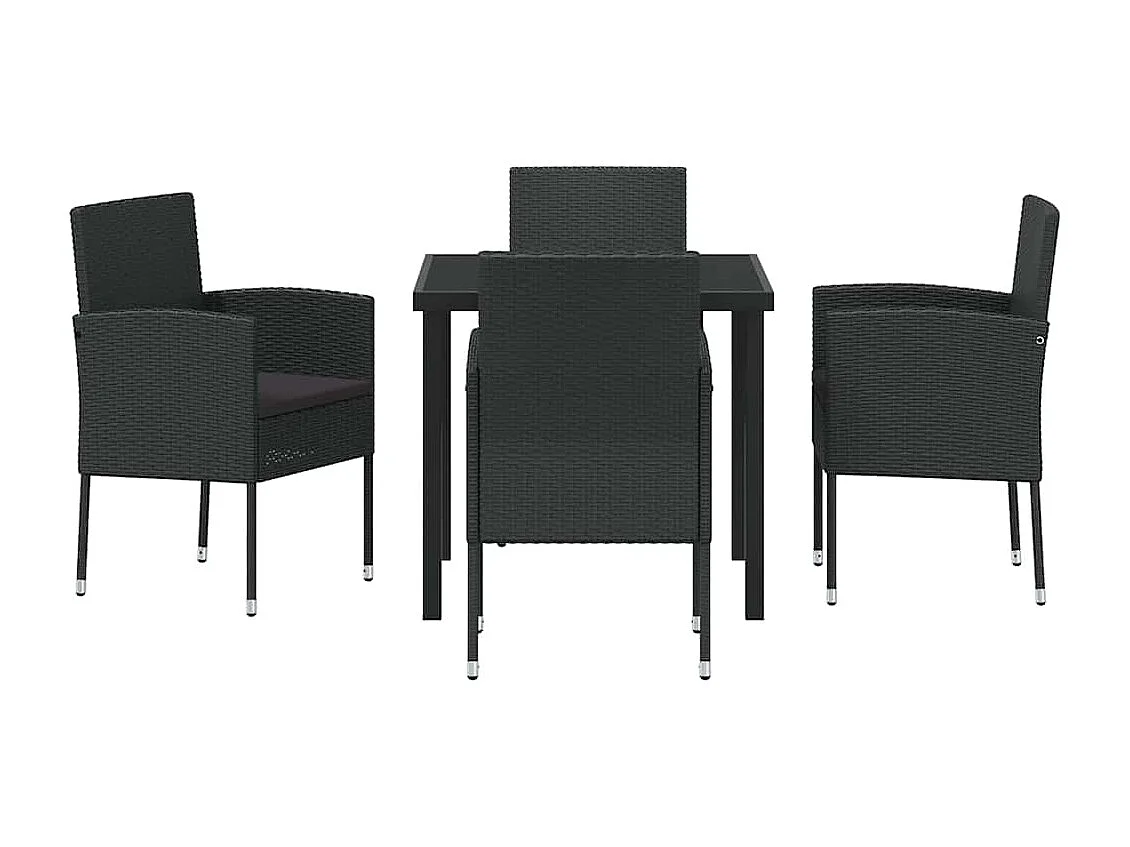 5-teiliges Garten-Essset mit schwarzen Polyrattan-Kissen