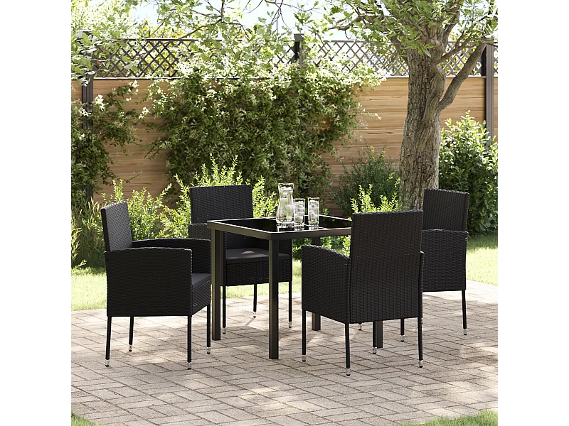 Set de salle à manger de jardin de 5 pièces avec coussins en rattan poly noir