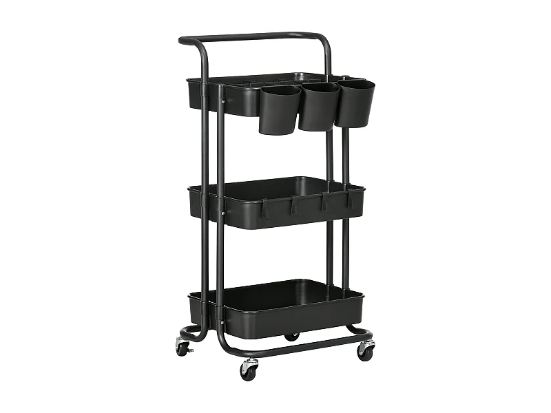 3-laags rolwagen met uitneembare manden, zwart staal, flexibel en compact (42x38x86,5cm)