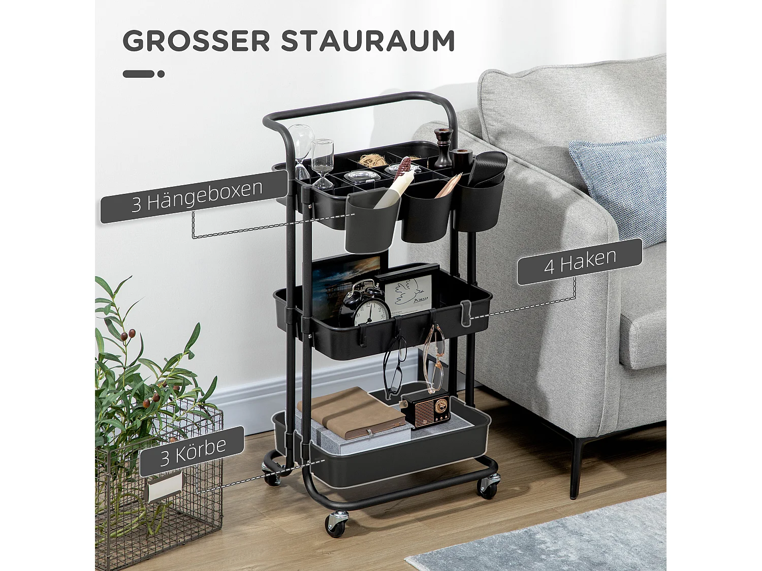 Carrito con ruedas de 3 niveles con cestas extraíbles, acero negro, flexible y compacto (42x38x86,5cm)