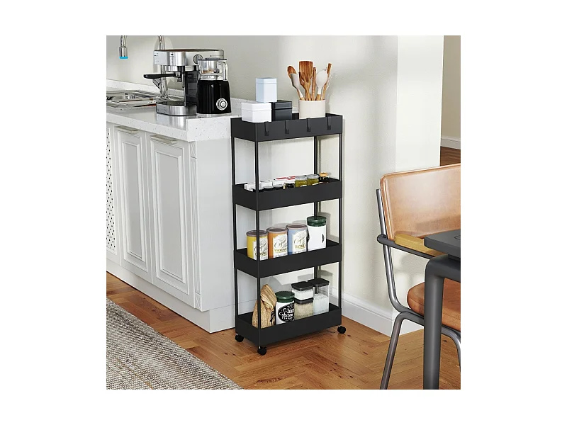 Carro de almacenaje con 4 estantes, con ruedas y freno, plástico, negro (40x19x90 cm)