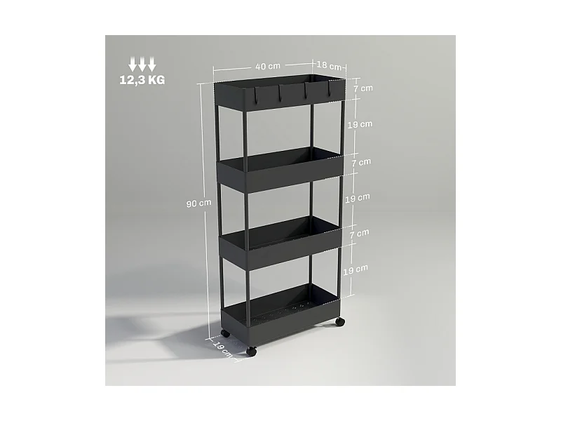 Carro de almacenaje con 4 estantes, con ruedas y freno, plástico, negro (40x19x90 cm)
