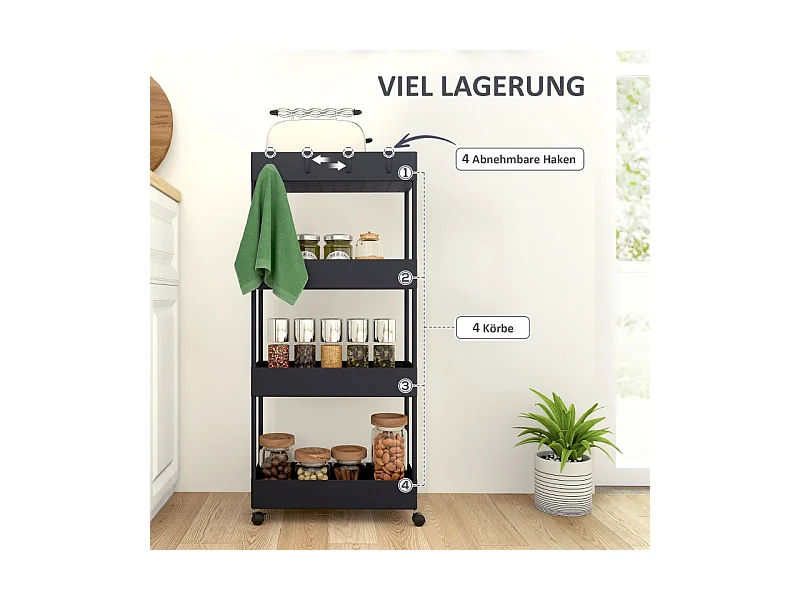 Carro de almacenaje con 4 estantes, con ruedas y freno, plástico, negro (40x19x90 cm)