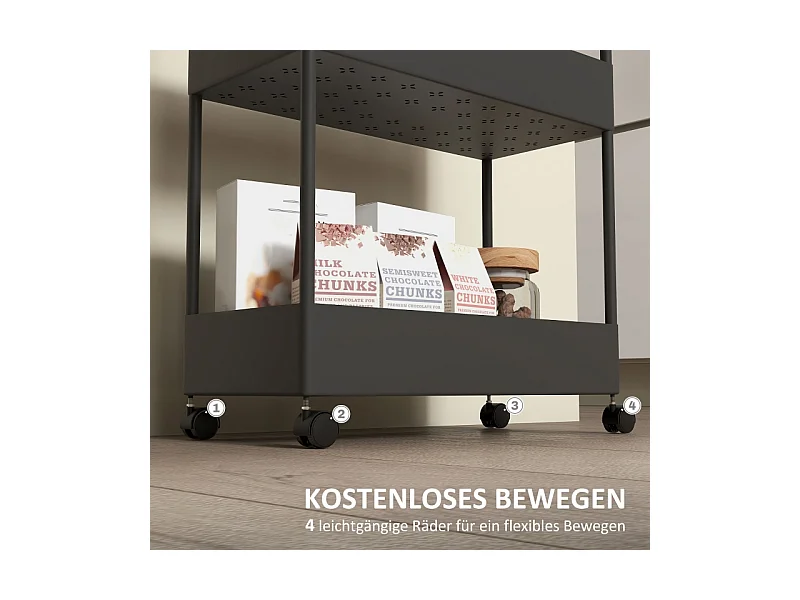 Carro de almacenaje con 4 estantes, con ruedas y freno, plástico, negro (40x19x90 cm)