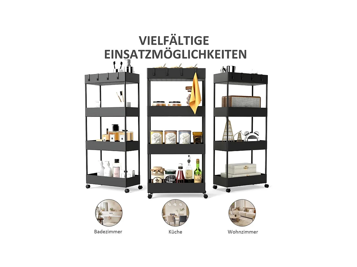 Carro de almacenaje con 4 estantes, con ruedas y freno, plástico, negro (40x19x90 cm)