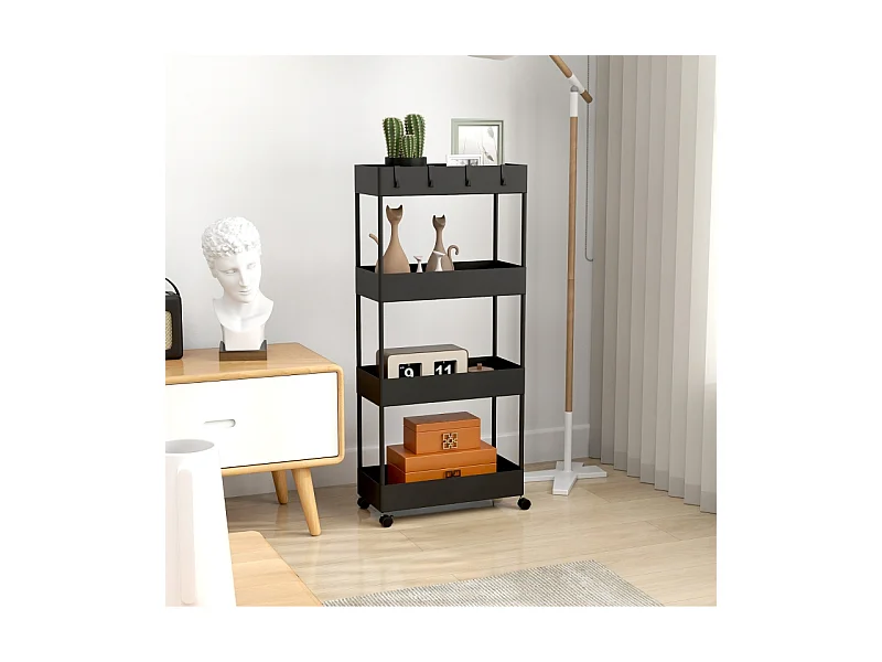 Carro de almacenaje con 4 estantes, con ruedas y freno, plástico, negro (40x19x90 cm)