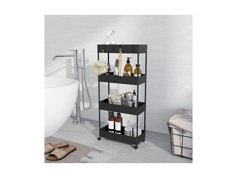 Carro de almacenaje con 4 estantes, con ruedas y freno, plástico, negro (40x19x90 cm)