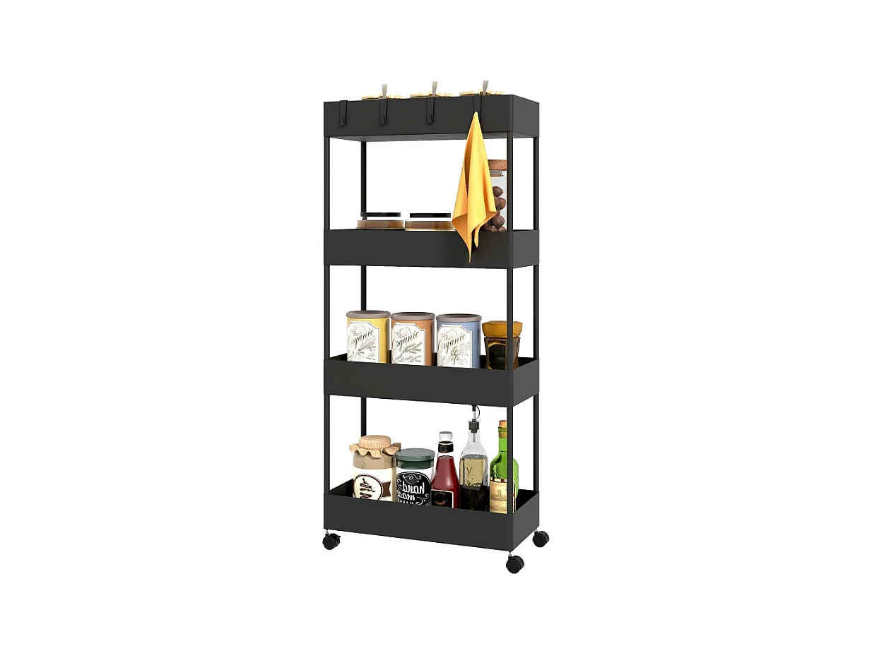 Chariot de rangement avec 4 étagères, avec roulettes et frein, plastique, noir (40x19x90 cm)