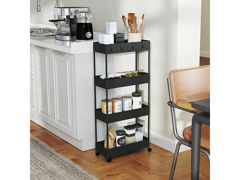 Chariot de rangement avec 4 étagères, avec roulettes et frein, plastique, noir (40x19x90 cm)