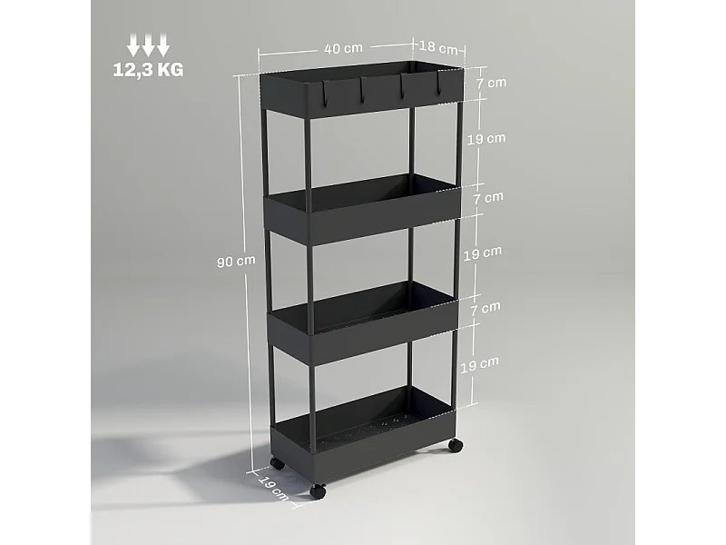 Chariot de rangement avec 4 étagères, avec roulettes et frein, plastique, noir (40x19x90 cm)