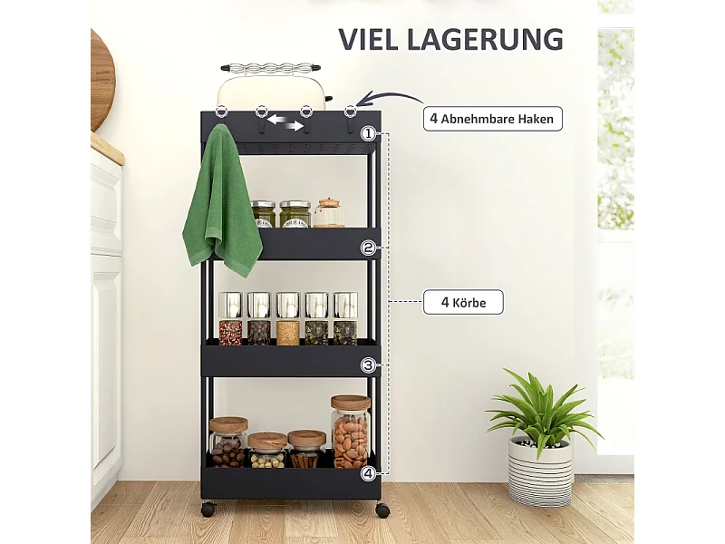 Chariot de rangement avec 4 étagères, avec roulettes et frein, plastique, noir (40x19x90 cm)