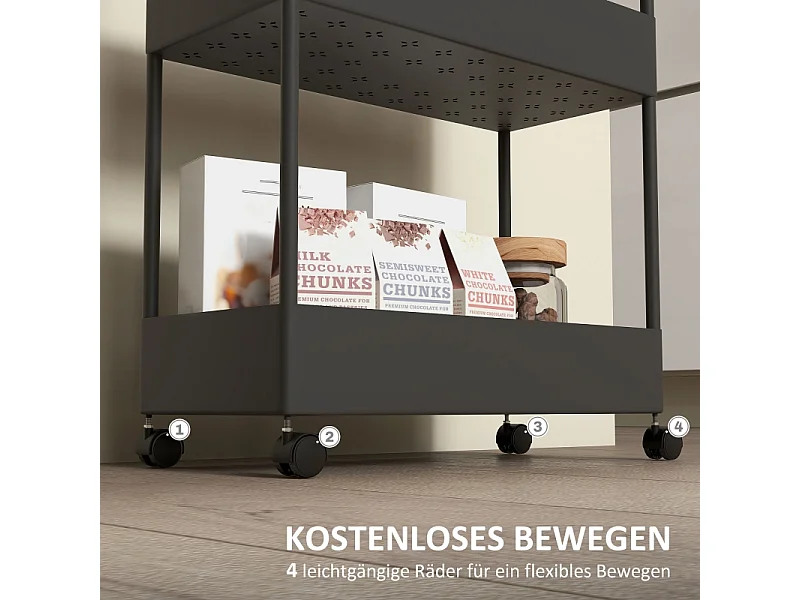 Chariot de rangement avec 4 étagères, avec roulettes et frein, plastique, noir (40x19x90 cm)