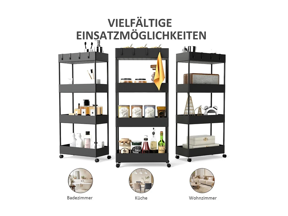 Chariot de rangement avec 4 étagères, avec roulettes et frein, plastique, noir (40x19x90 cm)