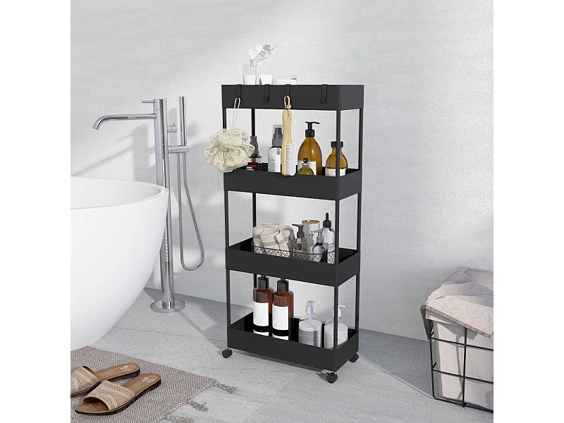 Chariot de rangement avec 4 étagères, avec roulettes et frein, plastique, noir (40x19x90 cm)