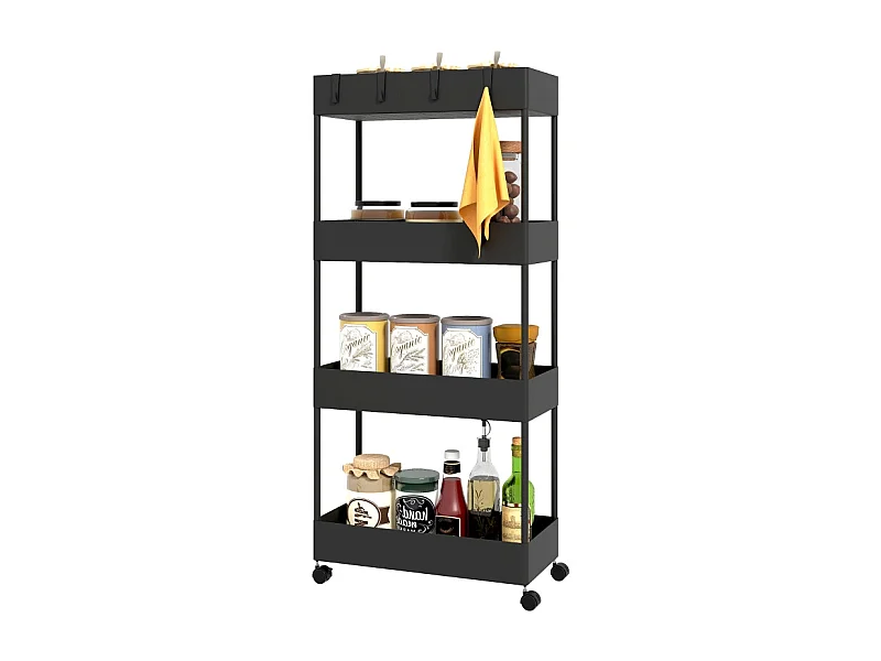 Carrello portaoggetti a 4 ripiani, con ruote e freno, in plastica, nero (40x19x90 cm)
