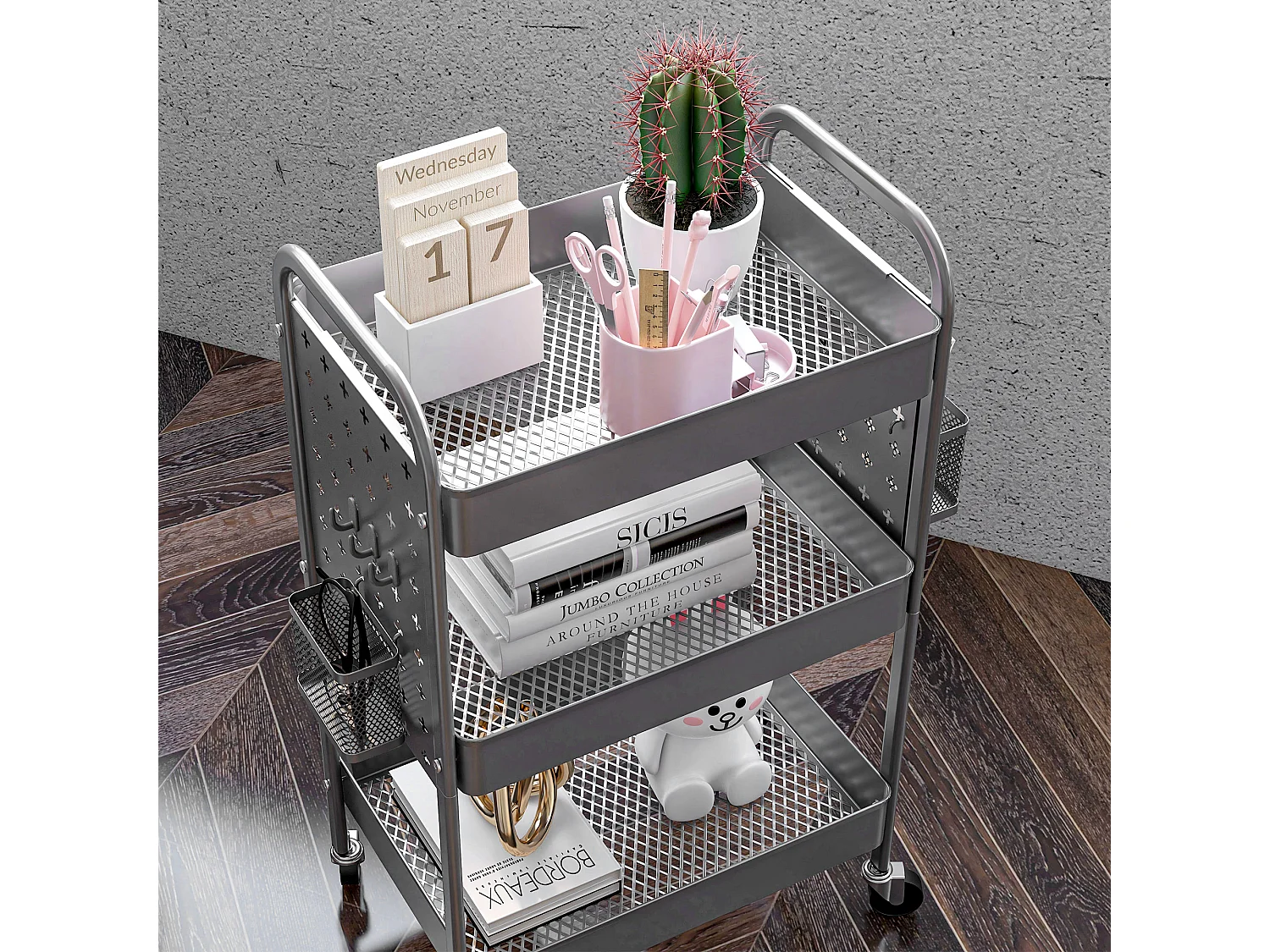 Chariot de service 3 étages avec 2 paniers suspendus, acier, gris foncé (53.5x30.5x75 cm)