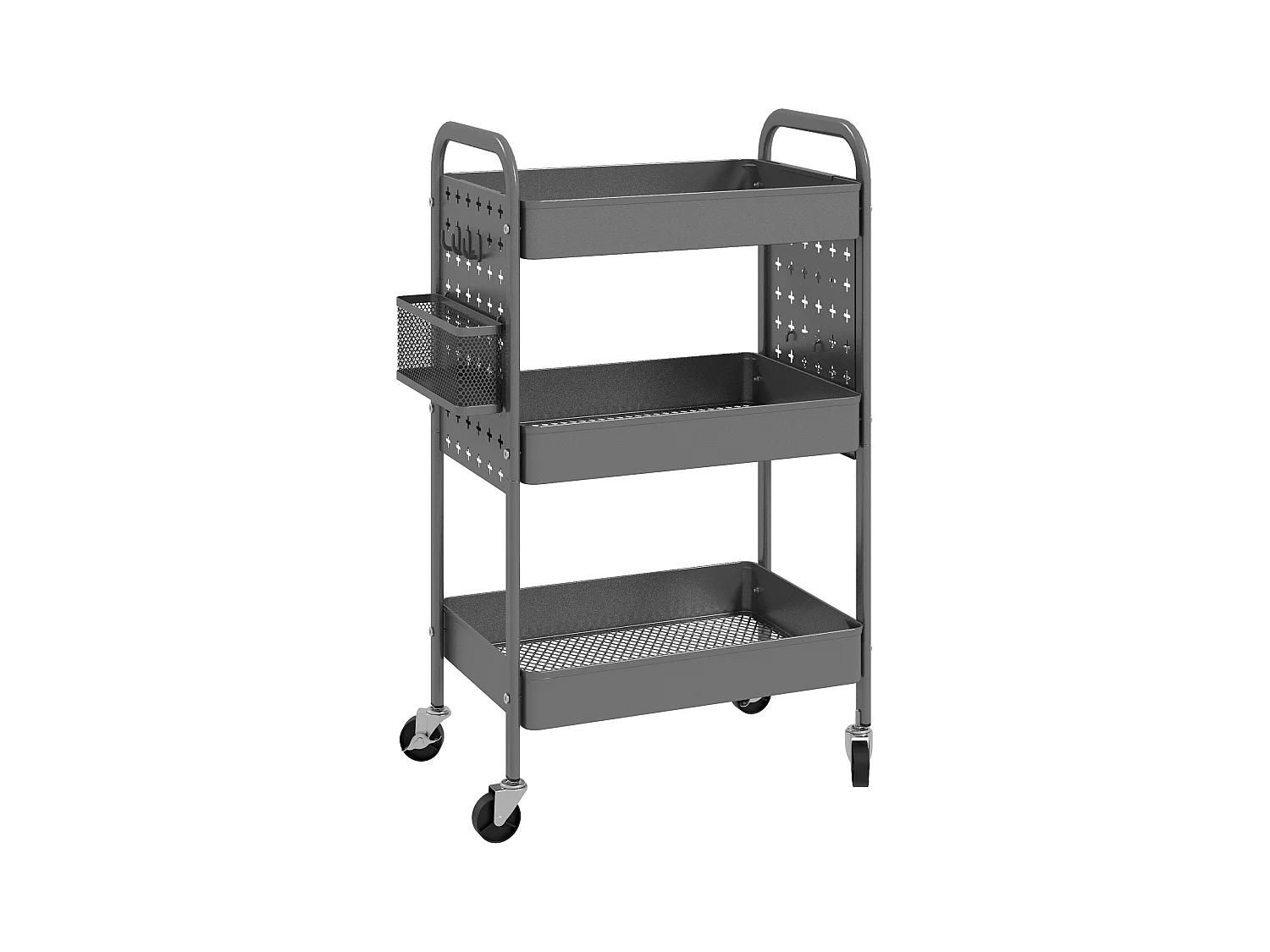 Chariot de service 3 étages avec 2 paniers suspendus, acier, gris foncé (53.5x30.5x75 cm)